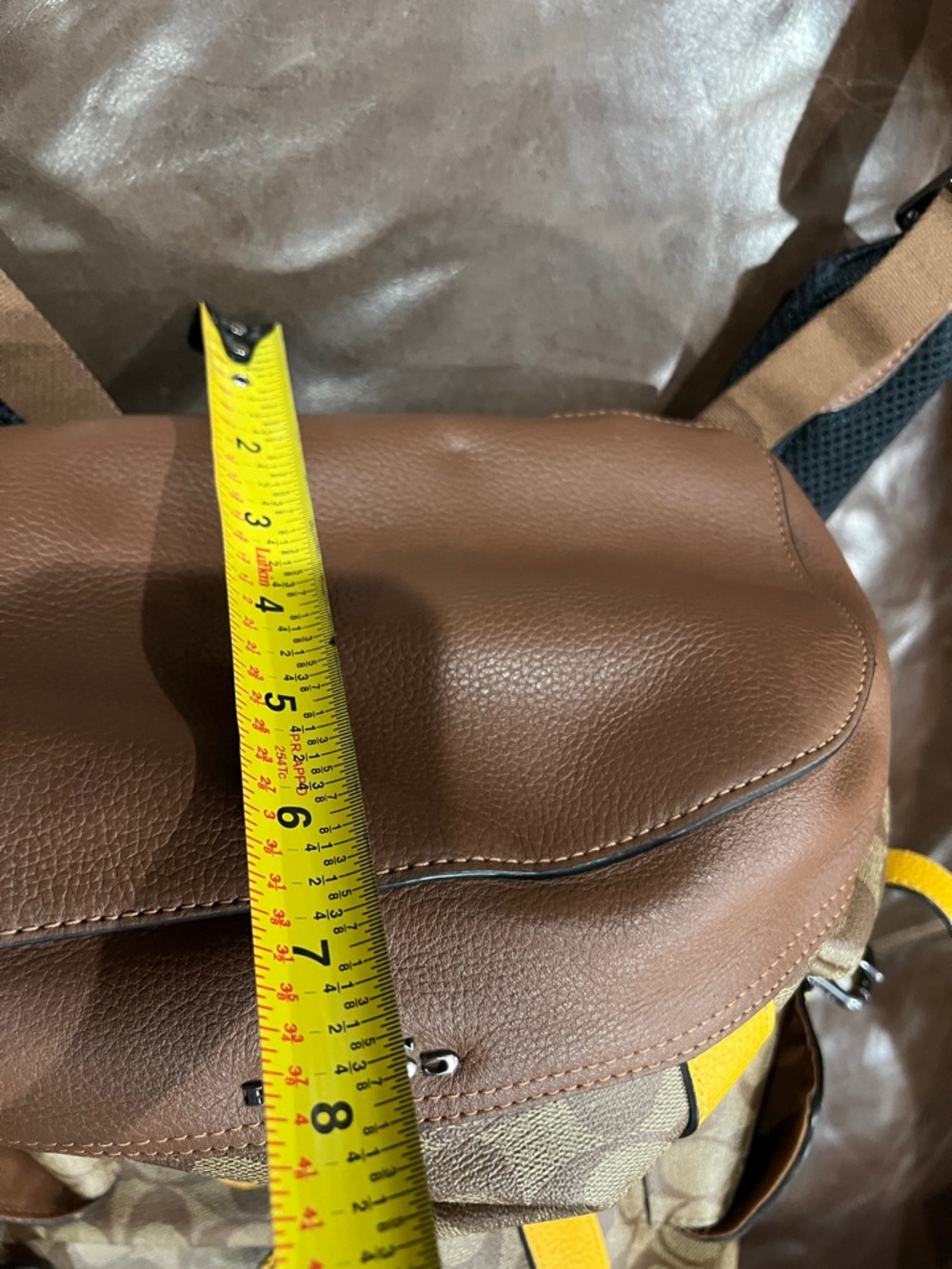 Coach Brown Signature Canvas Backpack with Yellow Leather Straps - Picture 9 of 10